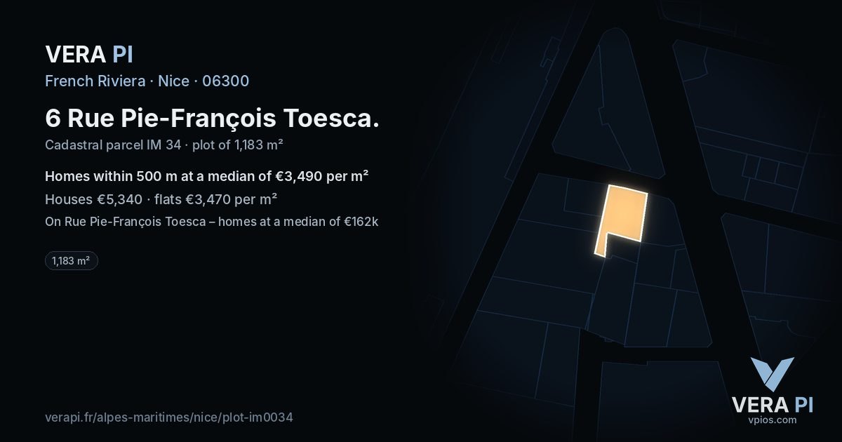 6 Rue Pie-François Toesca, Nice at night – the plot lit, the parcels around coloured by the prices near them