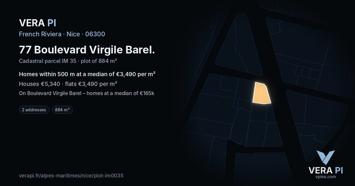 77 Boulevard Virgile Barel, Nice at night – the plot lit, the parcels around coloured by the prices near them