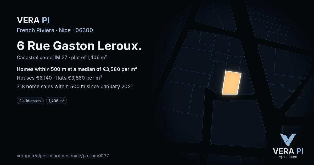 6 Rue Gaston Leroux, Nice at night – the plot lit, the parcels around coloured by the prices near them