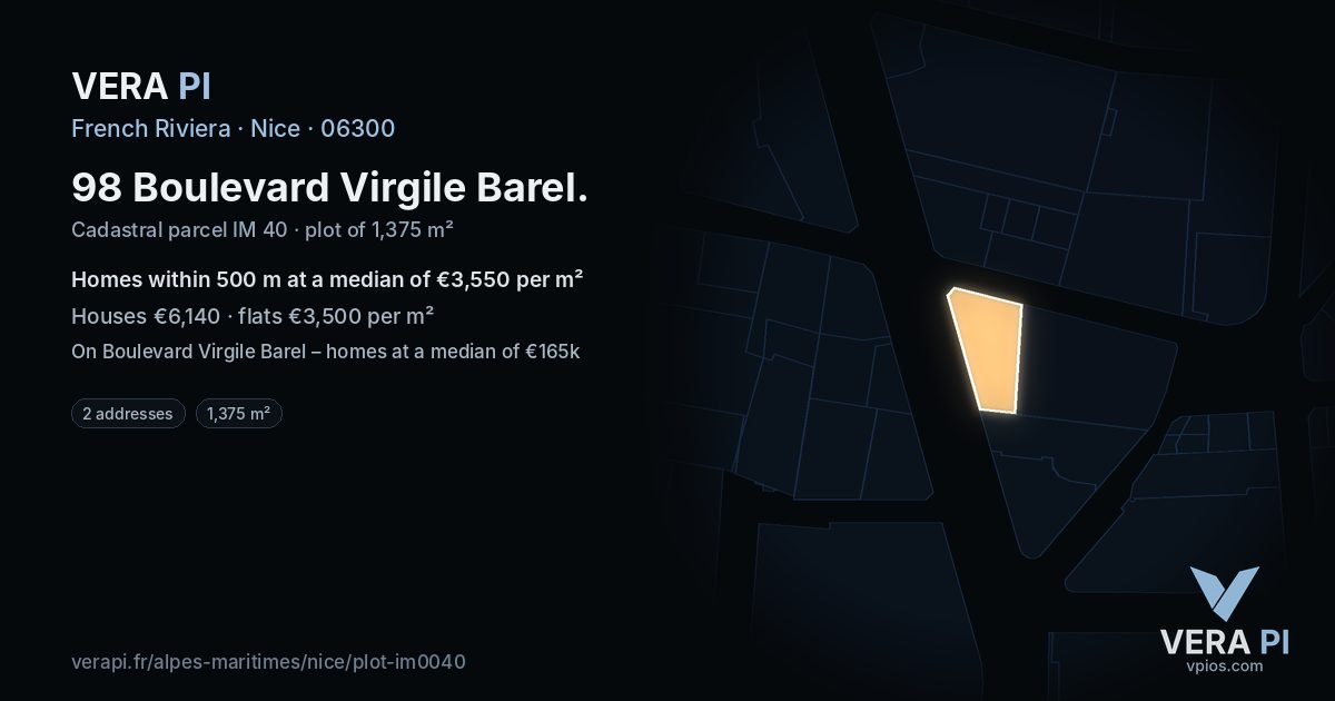 98 Boulevard Virgile Barel, Nice at night – the plot lit, the parcels around coloured by the prices near them