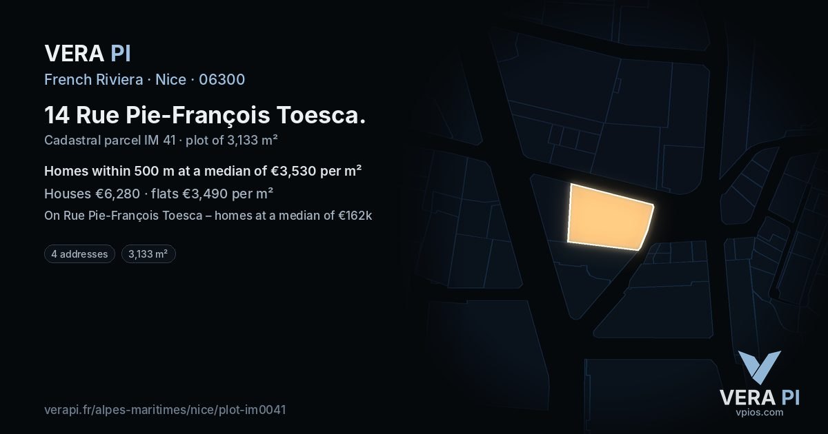 14 Rue Pie-François Toesca, Nice at night – the plot lit, the parcels around coloured by the prices near them