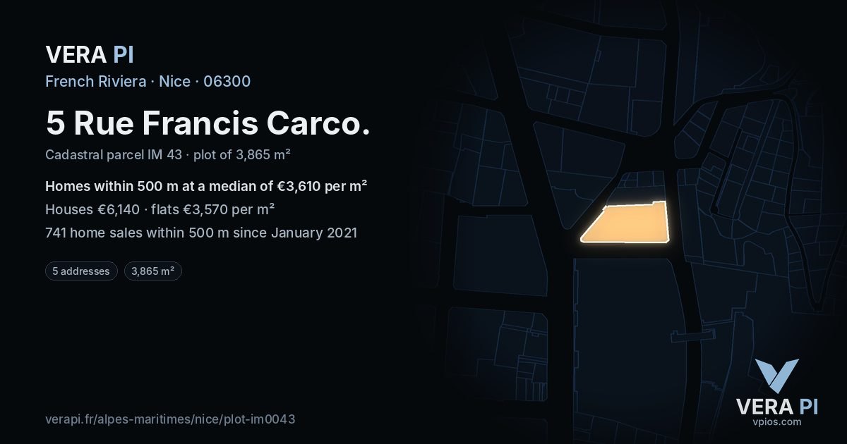 5 Rue Francis Carco, Nice at night – the plot lit, the parcels around coloured by the prices near them