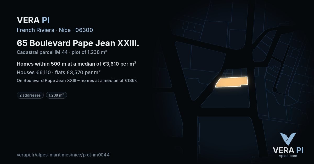 65 Boulevard Pape Jean XXIII, Nice at night – the plot lit, the parcels around coloured by the prices near them