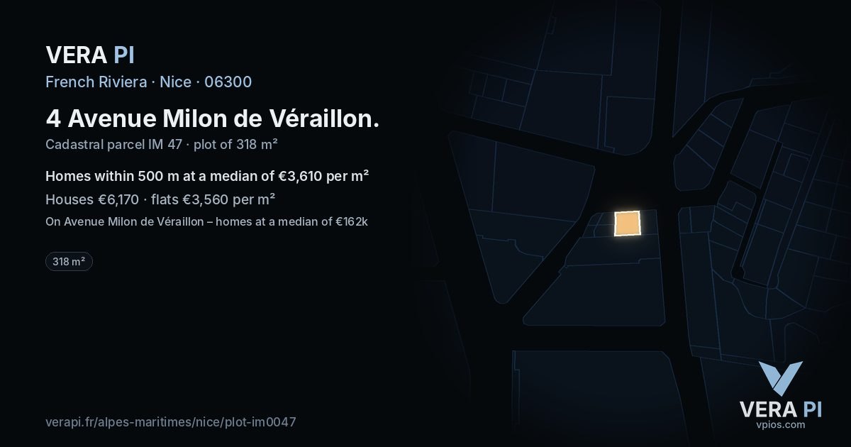 4 Avenue Milon de Véraillon, Nice at night – the plot lit, the parcels around coloured by the prices near them