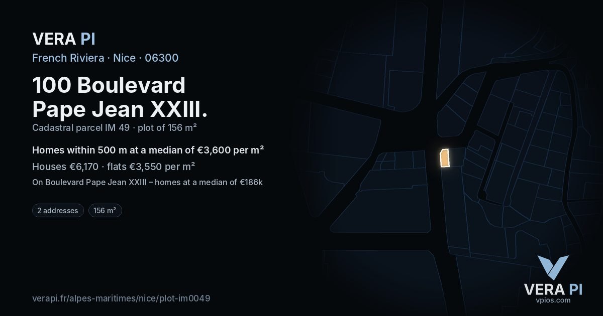100 Boulevard Pape Jean XXIII, Nice at night – the plot lit, the parcels around coloured by the prices near them