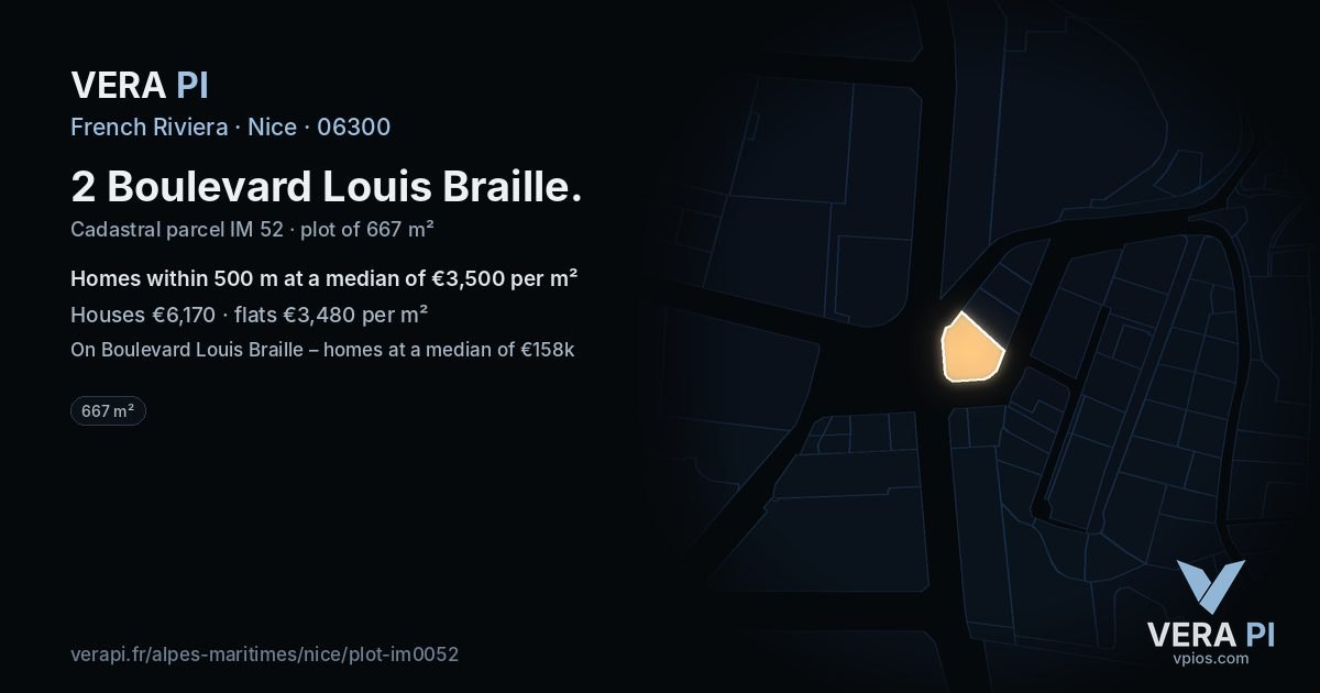 2 Boulevard Louis Braille, Nice at night – the plot lit, the parcels around coloured by the prices near them
