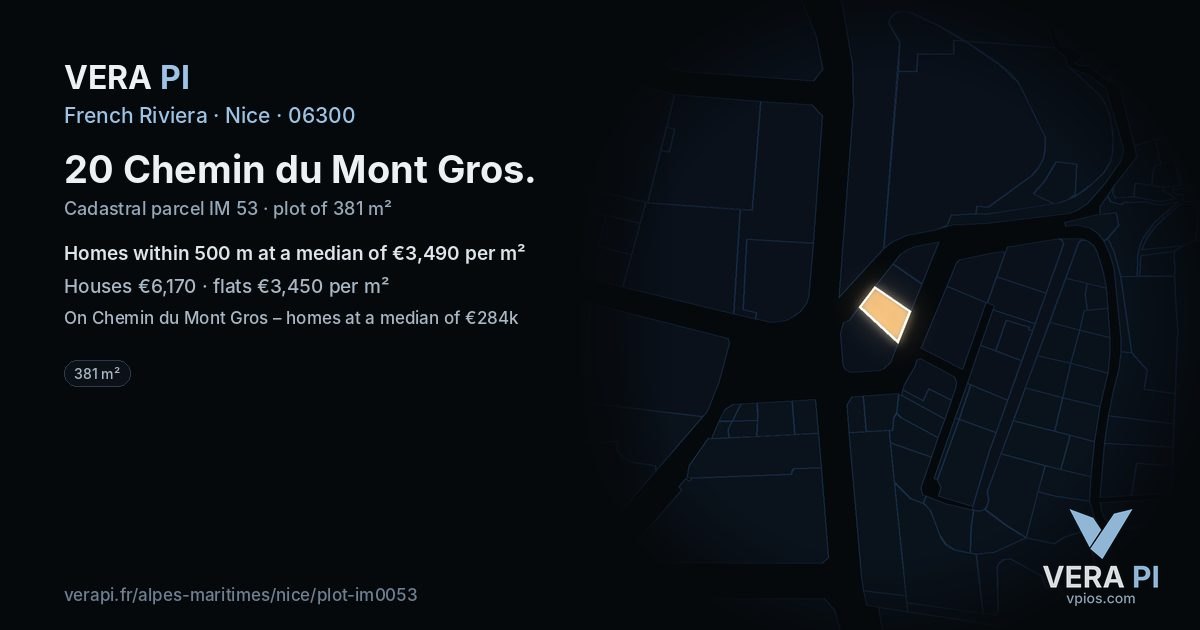20 Chemin du Mont Gros, Nice at night – the plot lit, the parcels around coloured by the prices near them