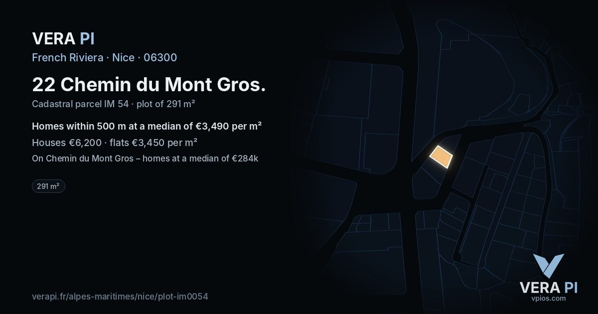 22 Chemin du Mont Gros, Nice at night – the plot lit, the parcels around coloured by the prices near them