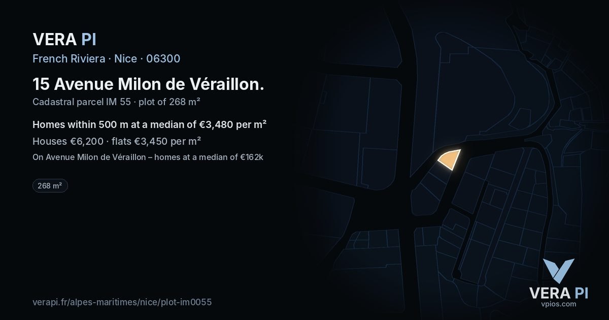 15 Avenue Milon de Véraillon, Nice at night – the plot lit, the parcels around coloured by the prices near them