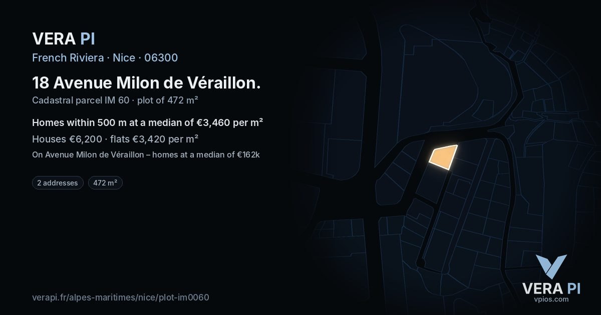 18 Avenue Milon de Véraillon, Nice at night – the plot lit, the parcels around coloured by the prices near them