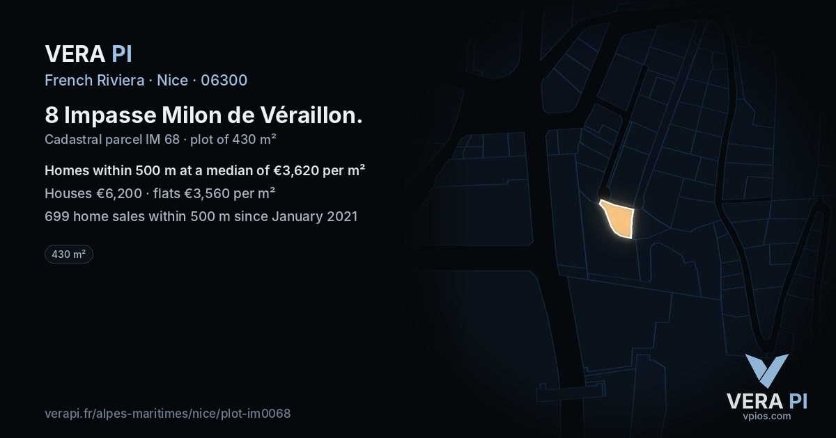 8 Impasse Milon de Véraillon, Nice at night – the plot lit, the parcels around coloured by the prices near them