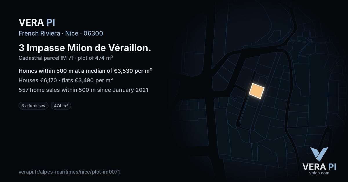 3 Impasse Milon de Véraillon, Nice at night – the plot lit, the parcels around coloured by the prices near them