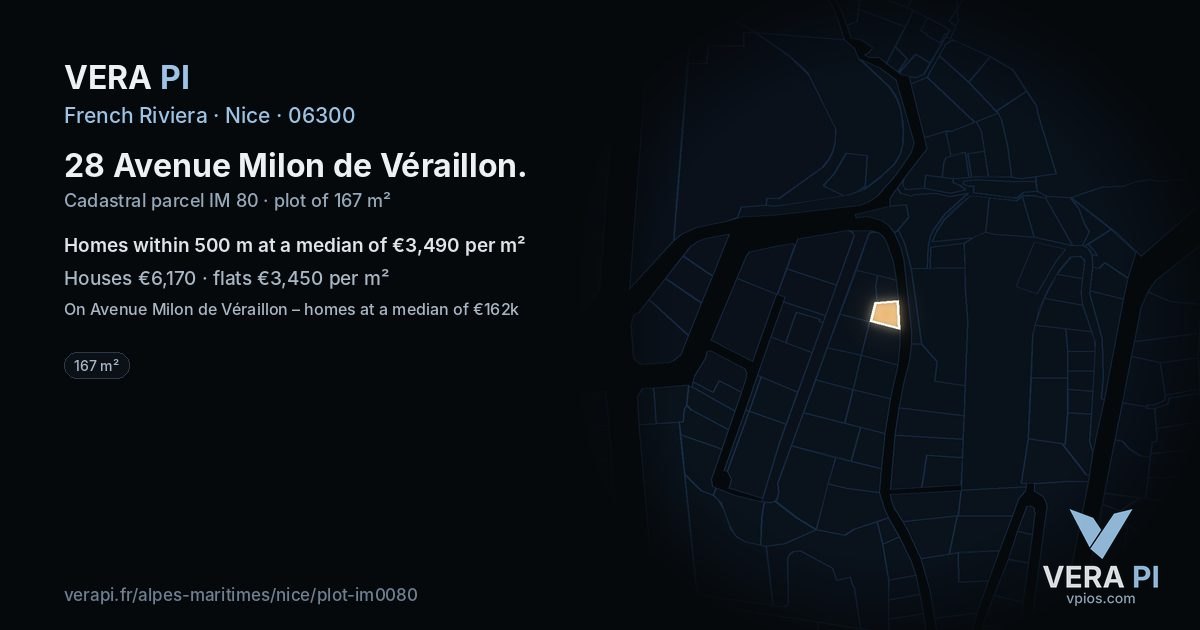 28 Avenue Milon de Véraillon, Nice at night – the plot lit, the parcels around coloured by the prices near them