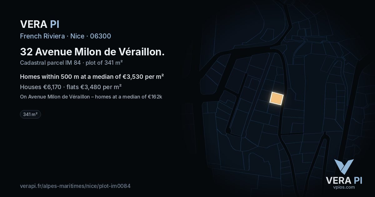 32 Avenue Milon de Véraillon, Nice at night – the plot lit, the parcels around coloured by the prices near them