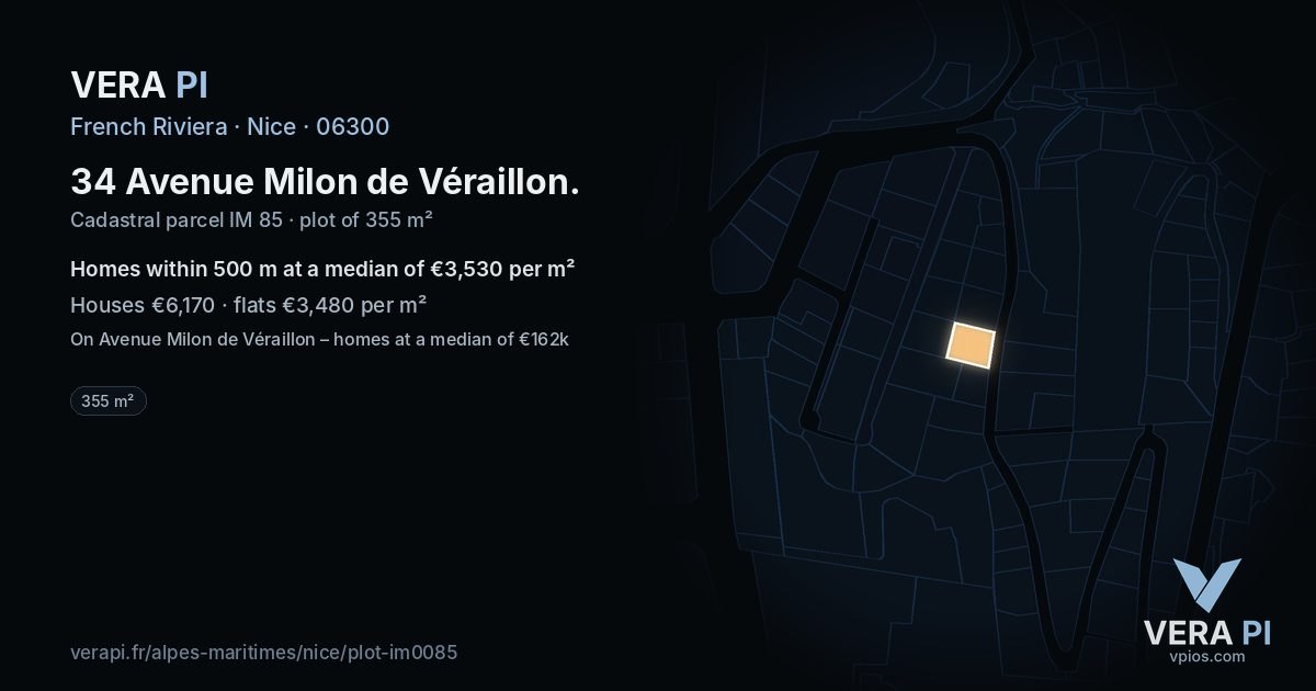 34 Avenue Milon de Véraillon, Nice at night – the plot lit, the parcels around coloured by the prices near them