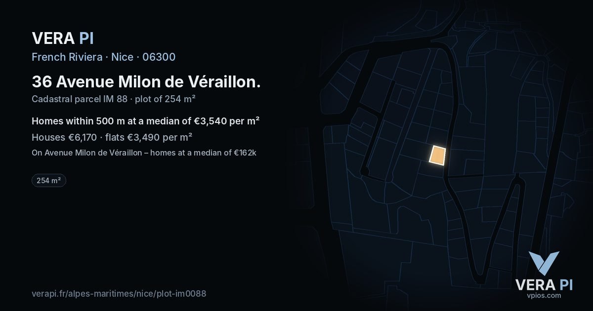 36 Avenue Milon de Véraillon, Nice at night – the plot lit, the parcels around coloured by the prices near them