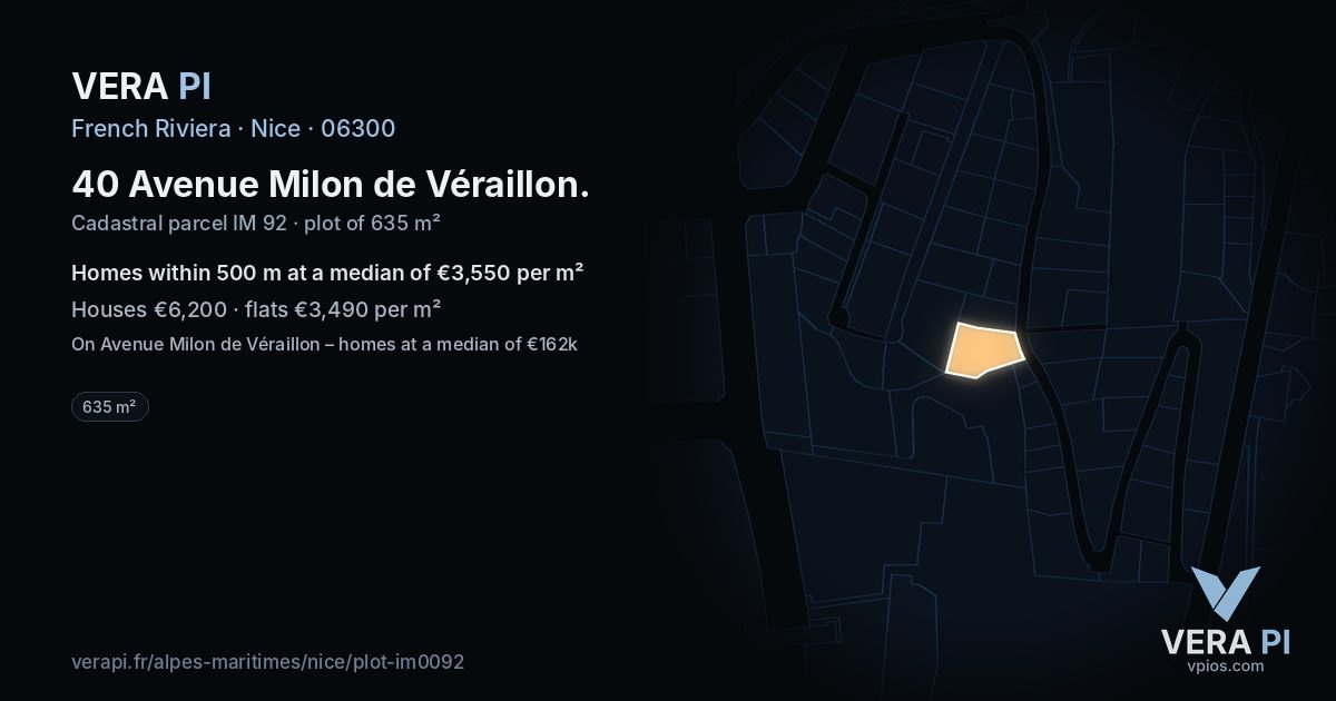 40 Avenue Milon de Véraillon, Nice at night – the plot lit, the parcels around coloured by the prices near them