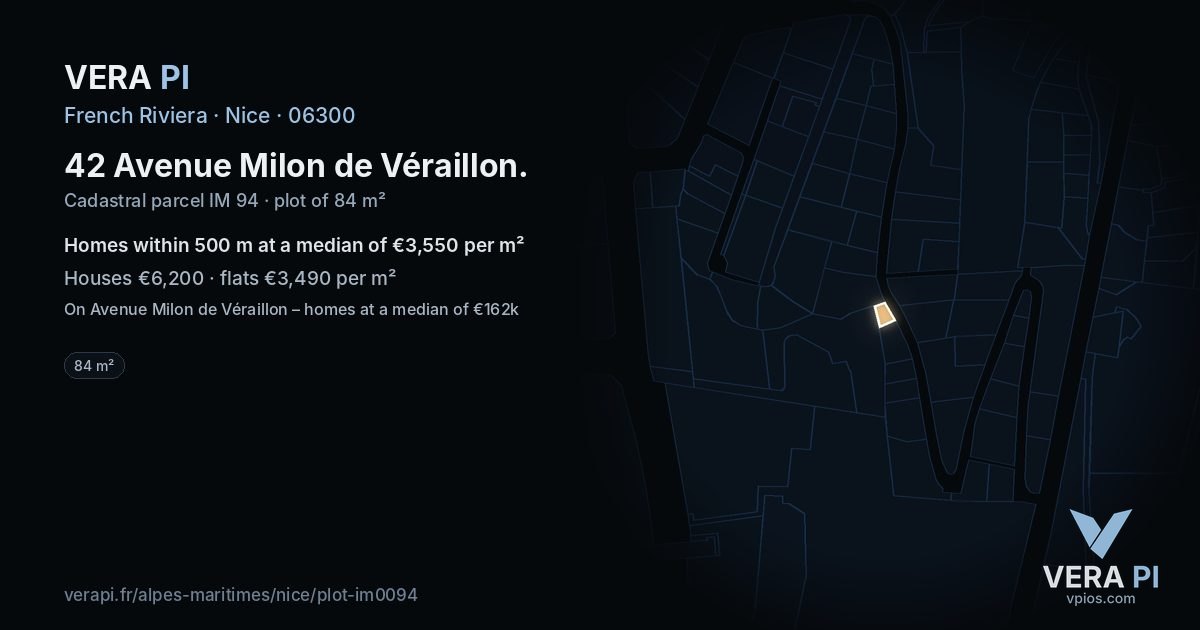 42 Avenue Milon de Véraillon, Nice at night – the plot lit, the parcels around coloured by the prices near them