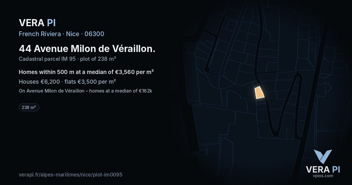 44 Avenue Milon de Véraillon, Nice at night – the plot lit, the parcels around coloured by the prices near them