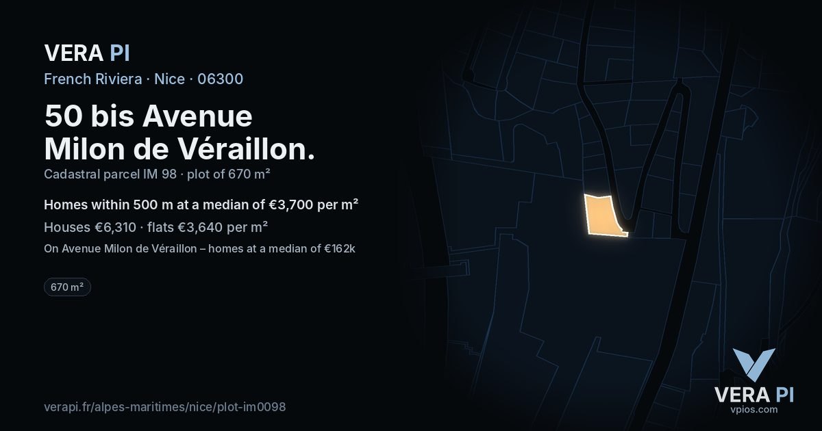 50 bis Avenue Milon de Véraillon, Nice at night – the plot lit, the parcels around coloured by the prices near them