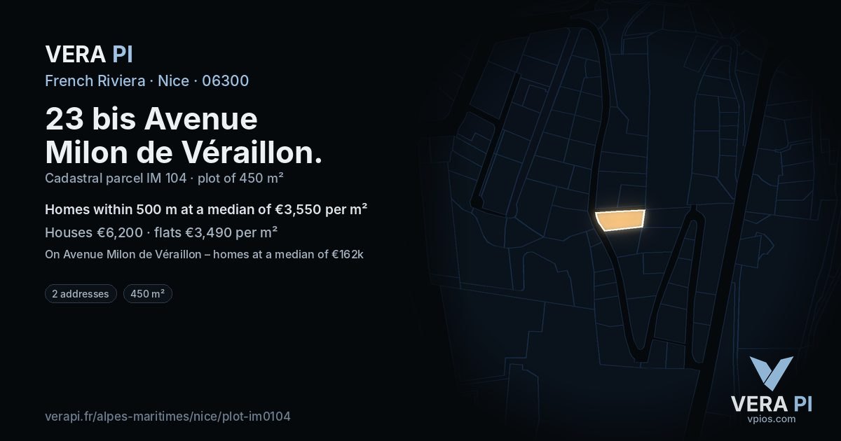 23 bis Avenue Milon de Véraillon, Nice at night – the plot lit, the parcels around coloured by the prices near them