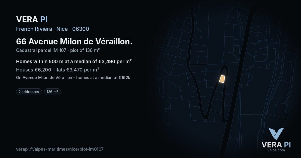 66 Avenue Milon de Véraillon, Nice at night – the plot lit, the parcels around coloured by the prices near them