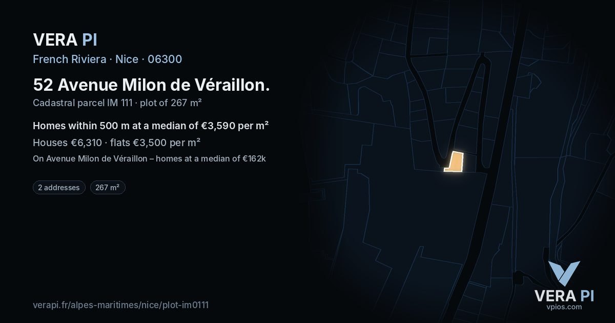 52 Avenue Milon de Véraillon, Nice at night – the plot lit, the parcels around coloured by the prices near them