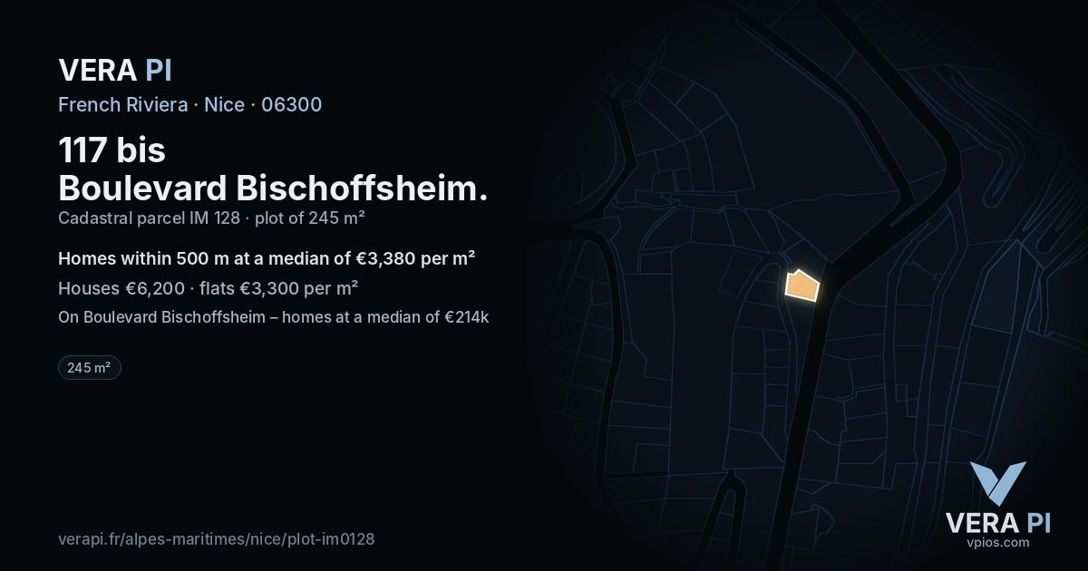 117 bis Boulevard Bischoffsheim, Nice at night – the plot lit, the parcels around coloured by the prices near them