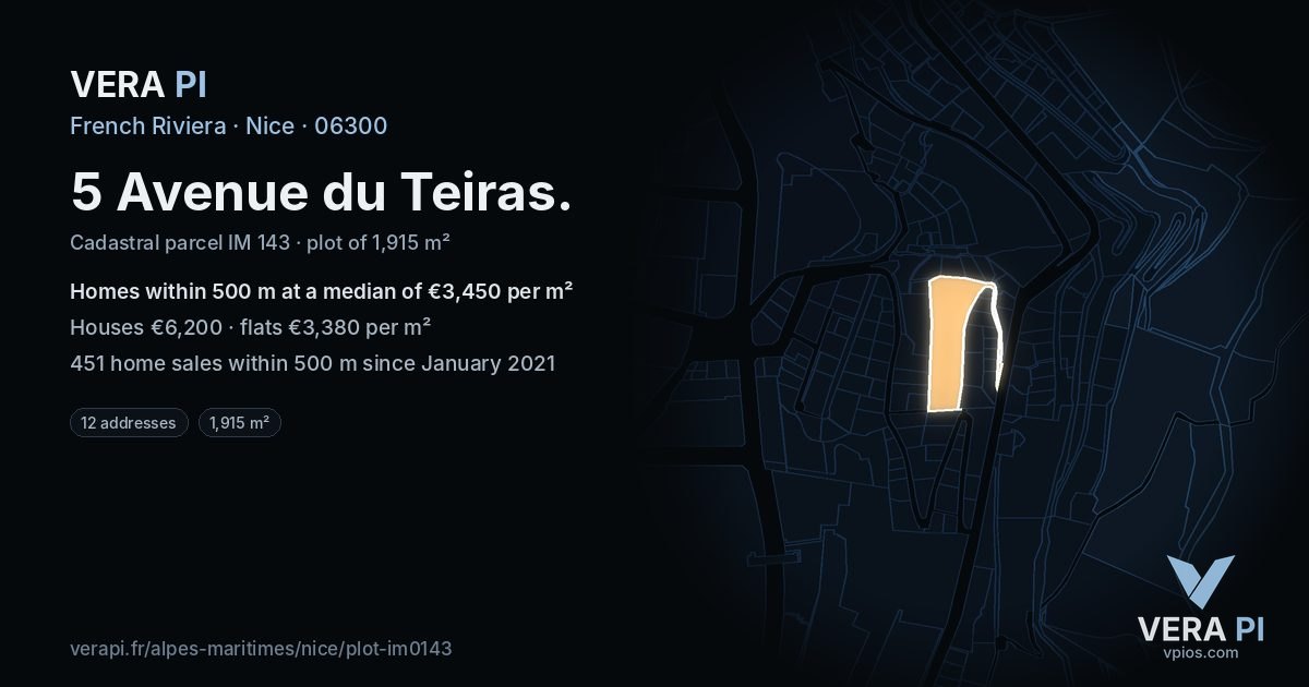 5 Avenue du Teiras, Nice at night – the plot lit, the parcels around coloured by the prices near them