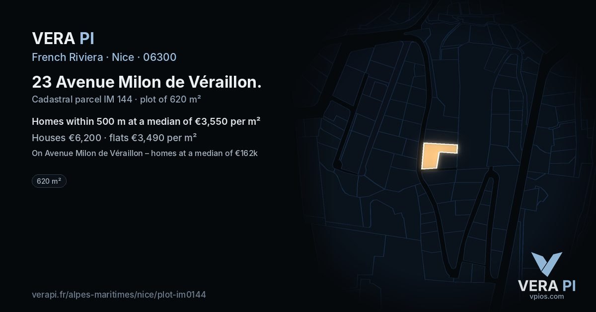 23 Avenue Milon de Véraillon, Nice at night – the plot lit, the parcels around coloured by the prices near them
