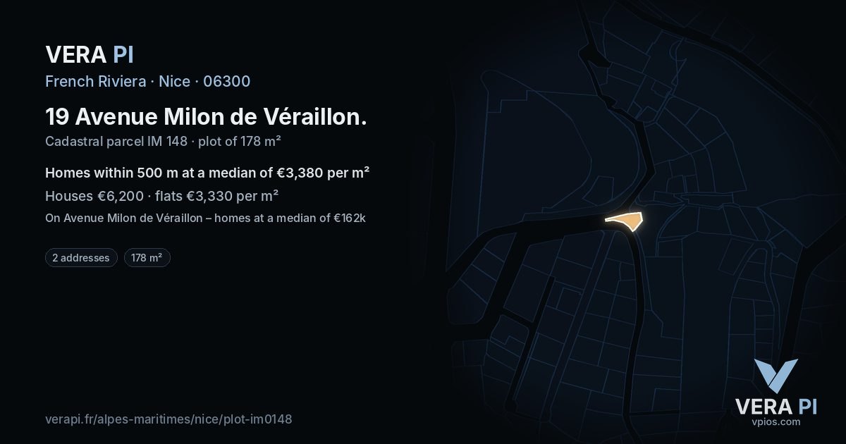 19 Avenue Milon de Véraillon, Nice at night – the plot lit, the parcels around coloured by the prices near them
