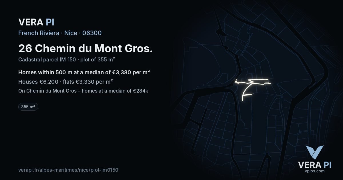 26 Chemin du Mont Gros, Nice at night – the plot lit, the parcels around coloured by the prices near them