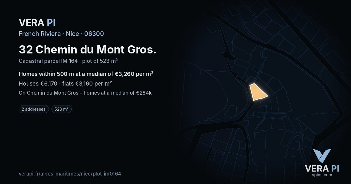 32 Chemin du Mont Gros, Nice at night – the plot lit, the parcels around coloured by the prices near them