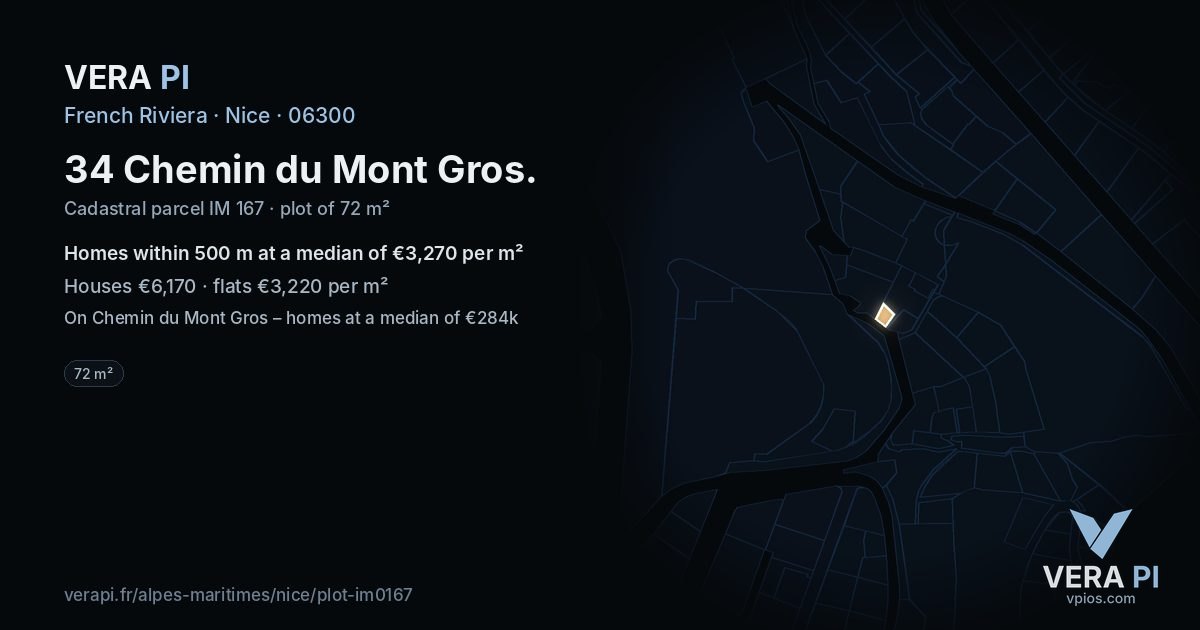 34 Chemin du Mont Gros, Nice at night – the plot lit, the parcels around coloured by the prices near them