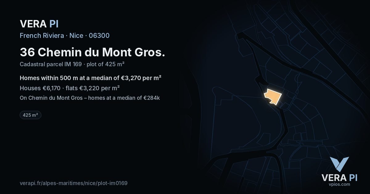36 Chemin du Mont Gros, Nice at night – the plot lit, the parcels around coloured by the prices near them