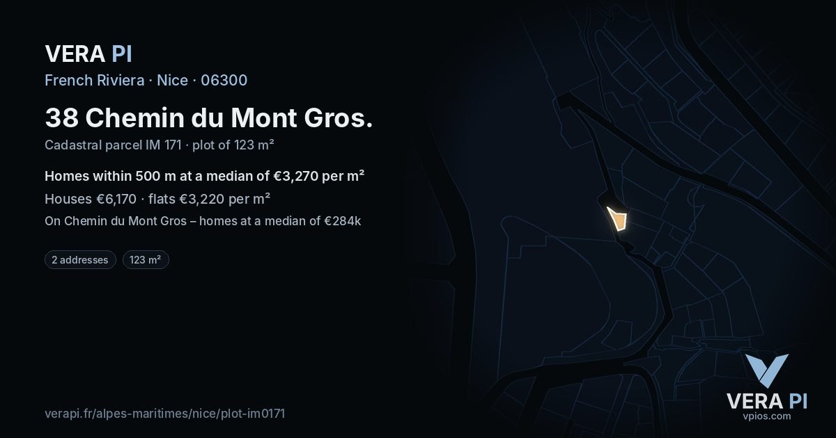 38 Chemin du Mont Gros, Nice at night – the plot lit, the parcels around coloured by the prices near them
