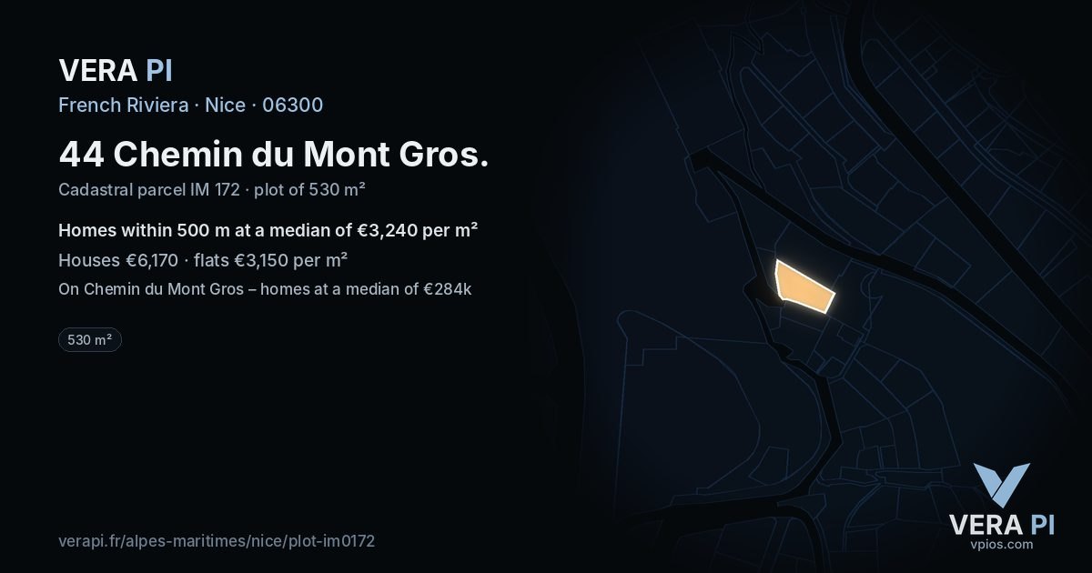 44 Chemin du Mont Gros, Nice at night – the plot lit, the parcels around coloured by the prices near them