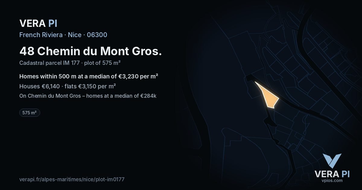 48 Chemin du Mont Gros, Nice at night – the plot lit, the parcels around coloured by the prices near them
