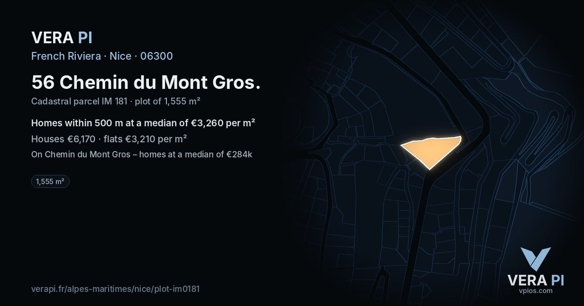 56 Chemin du Mont Gros, Nice at night – the plot lit, the parcels around coloured by the prices near them