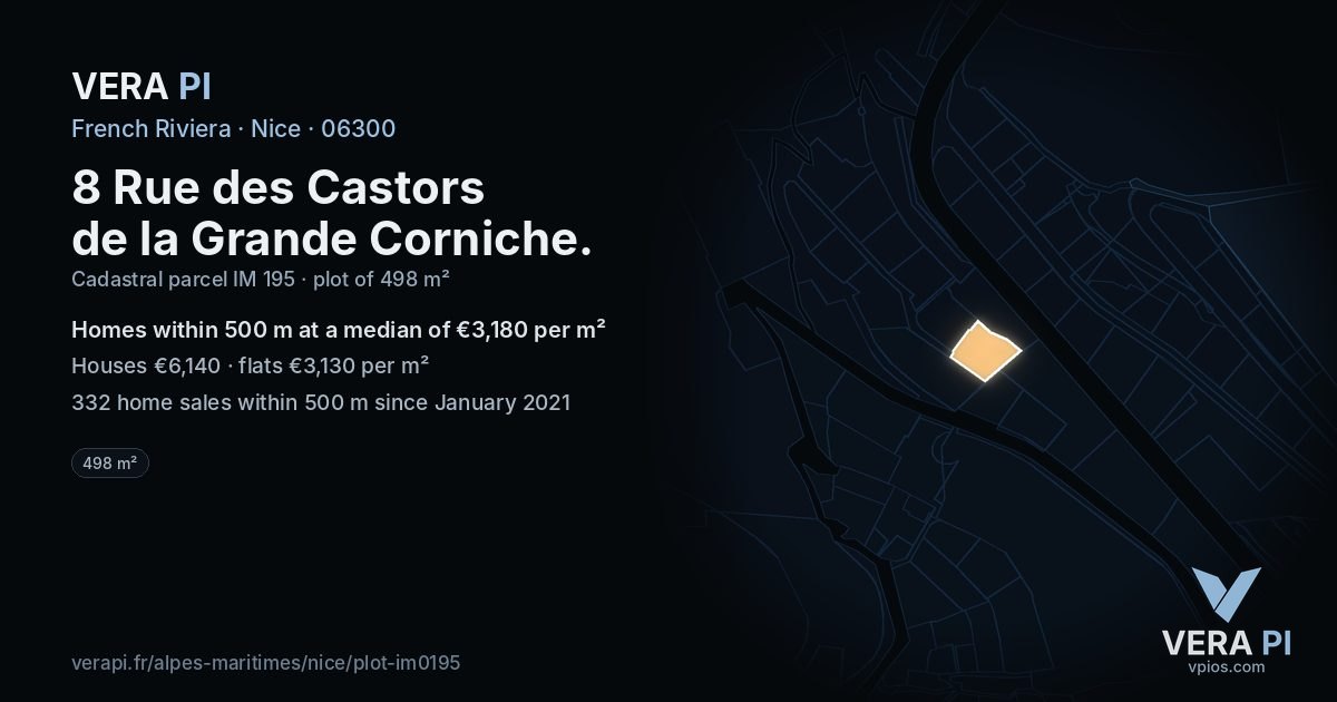 8 Rue des Castors de la Grande Corniche, Nice at night – the plot lit, the parcels around coloured by the prices near them