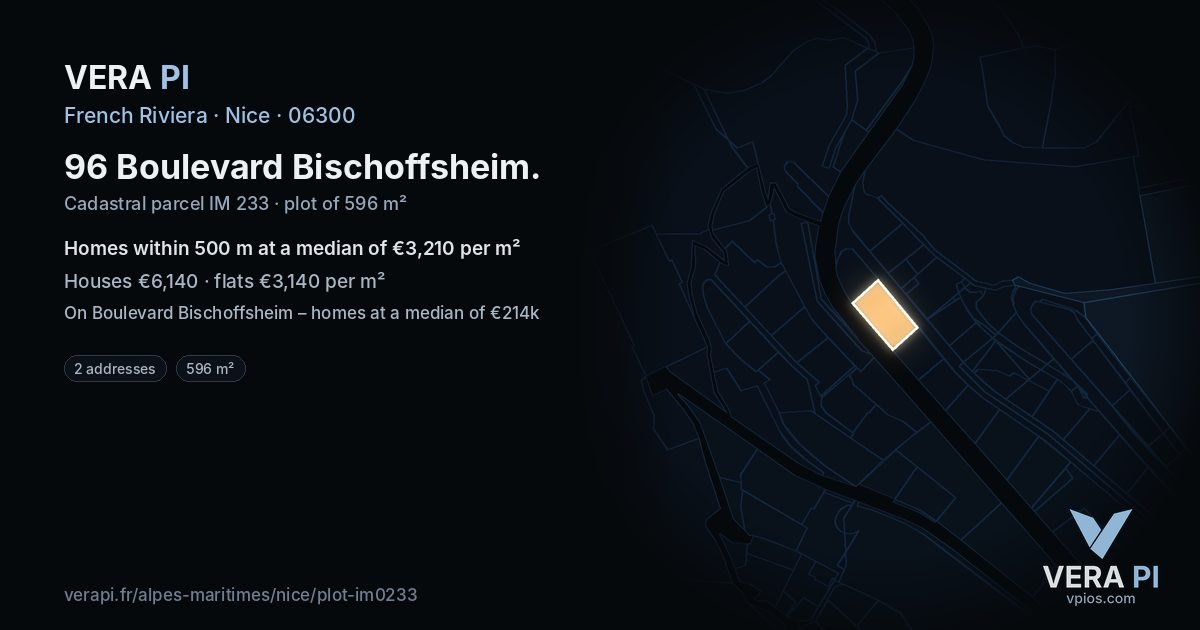 96 Boulevard Bischoffsheim, Nice at night – the plot lit, the parcels around coloured by the prices near them
