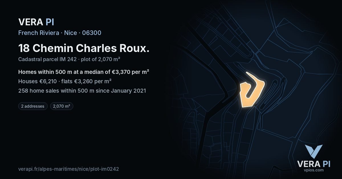 18 Chemin Charles Roux, Nice at night – the plot lit, the parcels around coloured by the prices near them