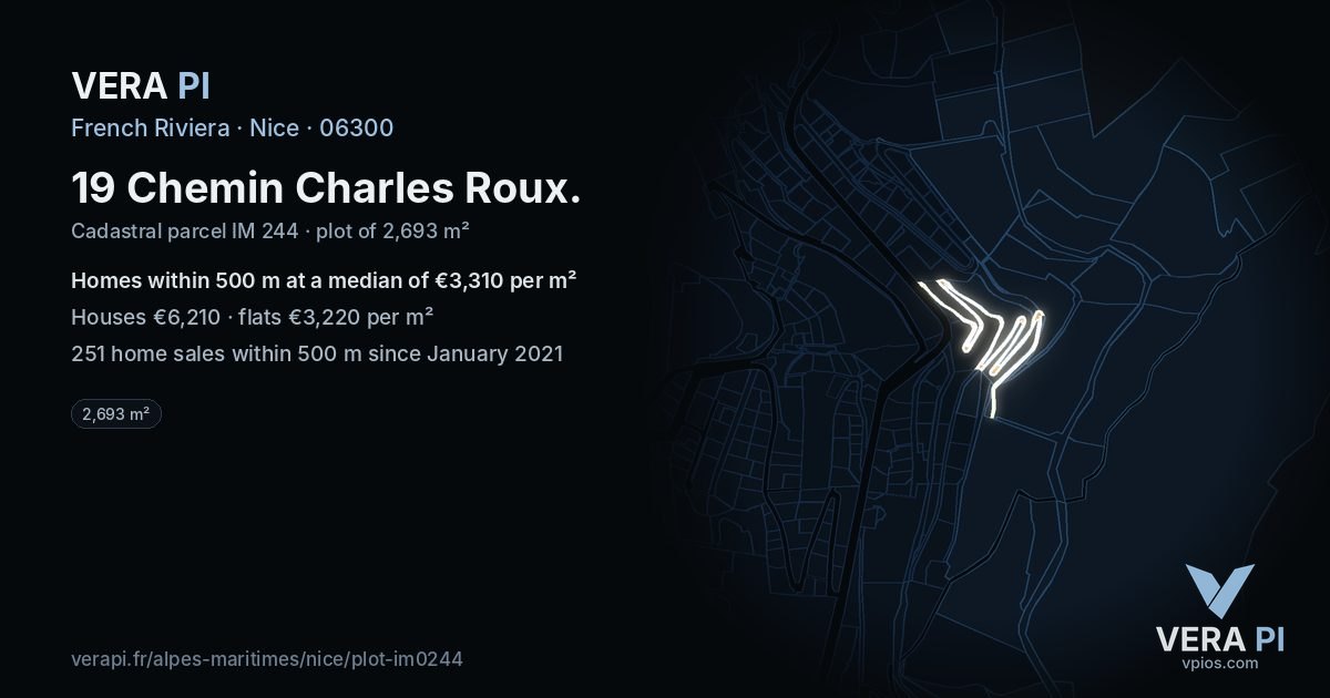 19 Chemin Charles Roux, Nice at night – the plot lit, the parcels around coloured by the prices near them