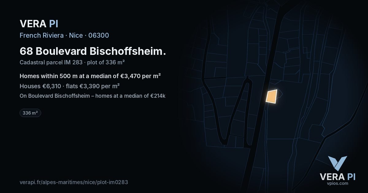 68 Boulevard Bischoffsheim, Nice at night – the plot lit, the parcels around coloured by the prices near them