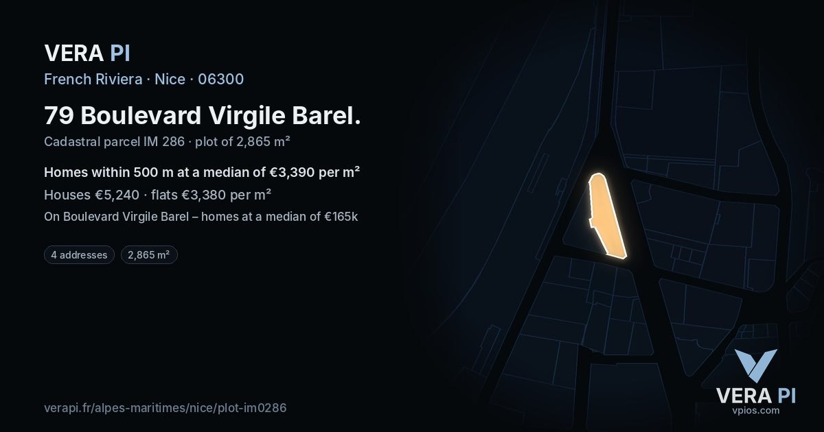 79 Boulevard Virgile Barel, Nice at night – the plot lit, the parcels around coloured by the prices near them