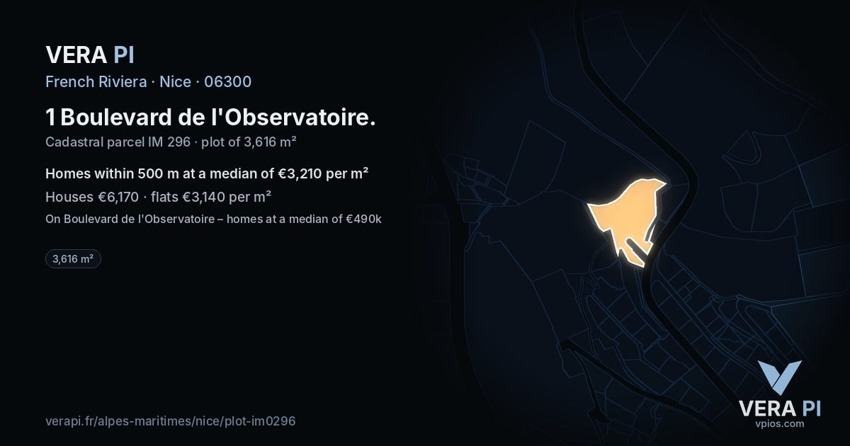 1 Boulevard de l'Observatoire, Nice at night – the plot lit, the parcels around coloured by the prices near them