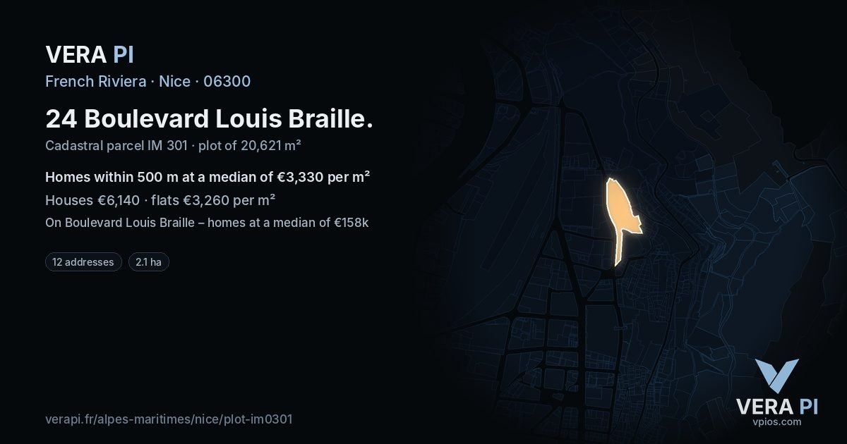 24 Boulevard Louis Braille, Nice at night – the plot lit, the parcels around coloured by the prices near them
