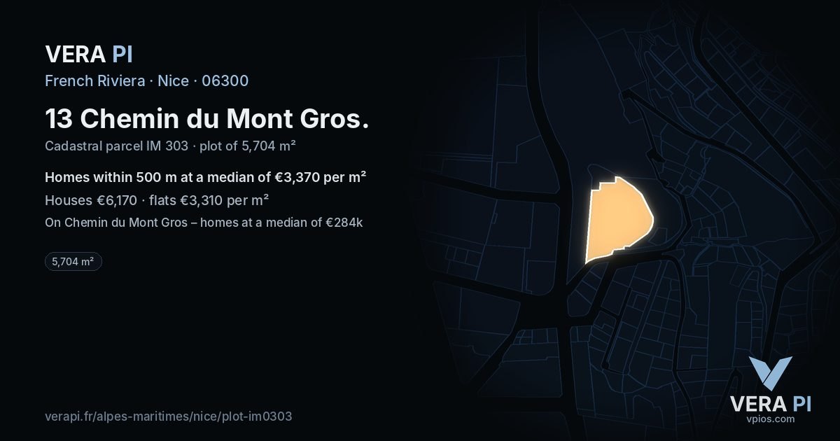 13 Chemin du Mont Gros, Nice at night – the plot lit, the parcels around coloured by the prices near them