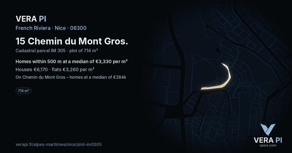 15 Chemin du Mont Gros, Nice at night – the plot lit, the parcels around coloured by the prices near them