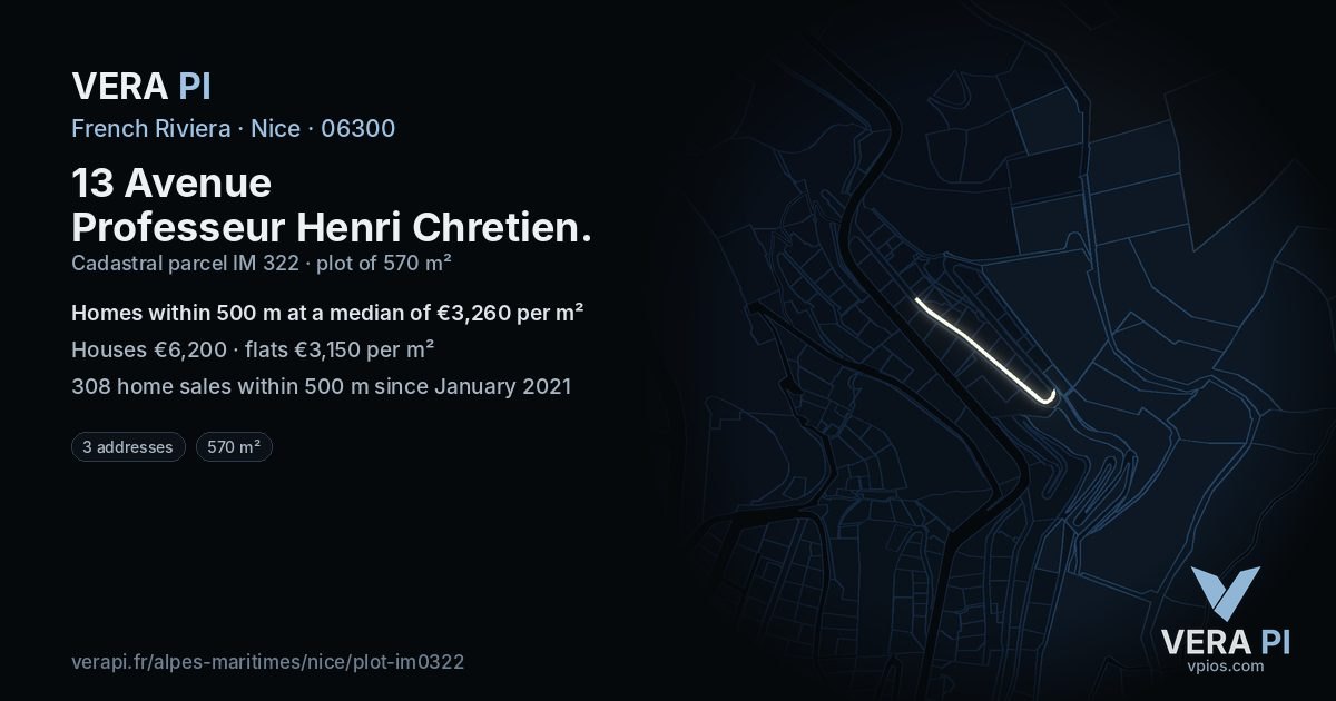 13 Avenue Professeur Henri Chretien, Nice at night – the plot lit, the parcels around coloured by the prices near them
